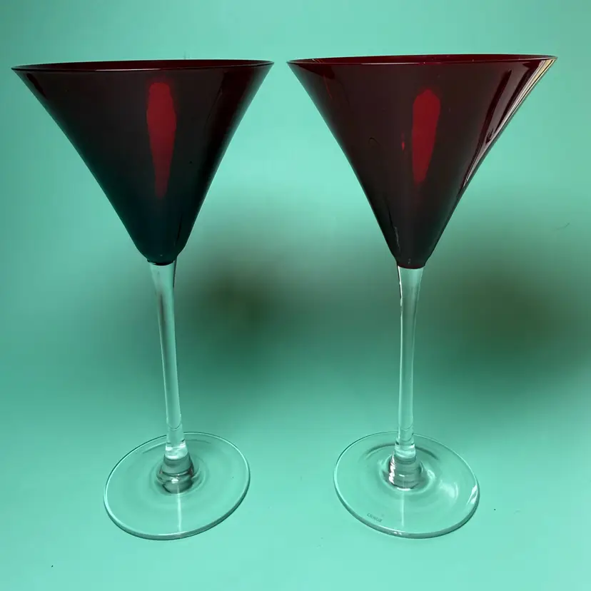2 Lenox Holiday Gems Ruby Martini Glasses Hand Blown Glass Red Bowl Clear Stem