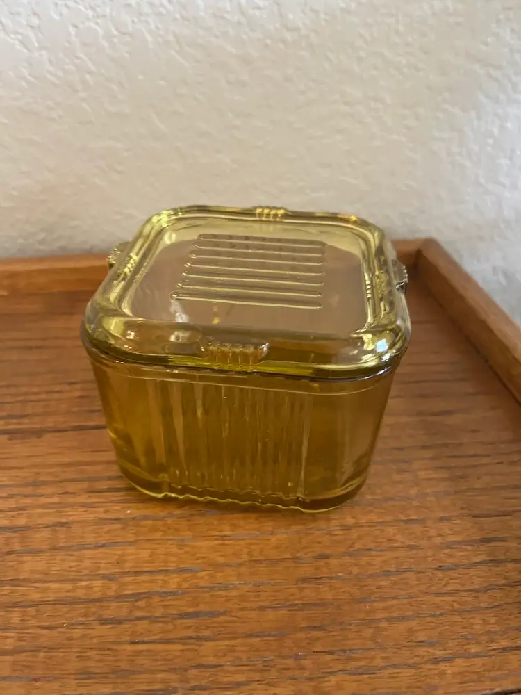 Vintage Amber Federal Glass Square Ribbed Refrigerator Dish With Lid
