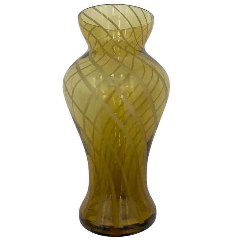 Vintage Handblown Royal Yellow Glass Vase with White Glass Streamers, 8.4"