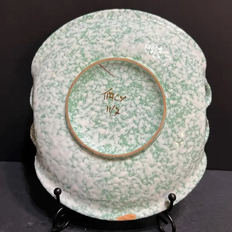 Hand Painted Floral Vintage Pottery Trinket Dish, Rolled Handles, Italy *as is* ~1.75” x 7.75” x 7.25”