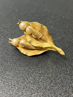 Miriam Haskell Brooch Textured Gold Tone Faux Pearl Leave Seed Pod Vintage