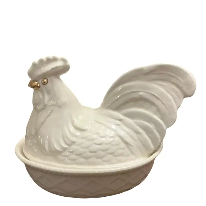 HTF Westmoreland Pottery Ceramic  Hen On Nest With Split Tail And Gold Paint Accents 6” X 8”