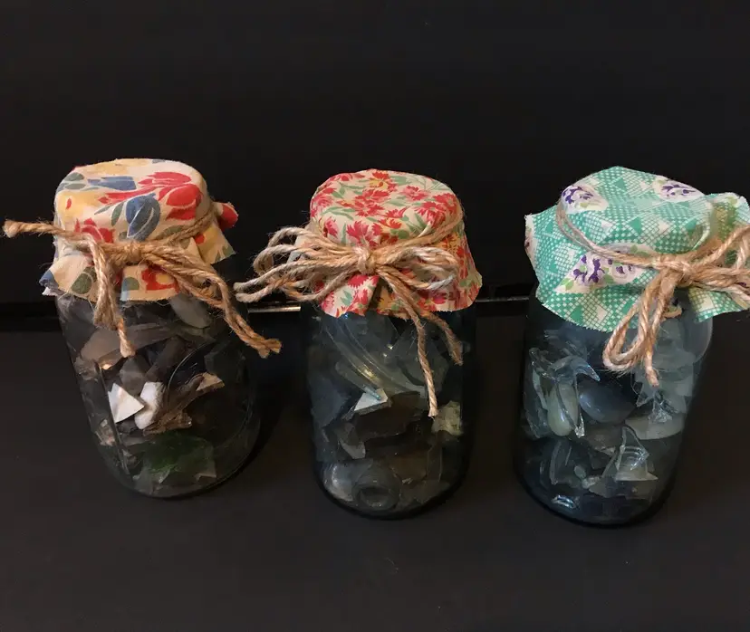 Junk Jars - Vintage Blue Or Clear Qt Jars With Zinc/milk Glass Lid. Inside Is Dug Glass, Metal, And Pottery Pieces.