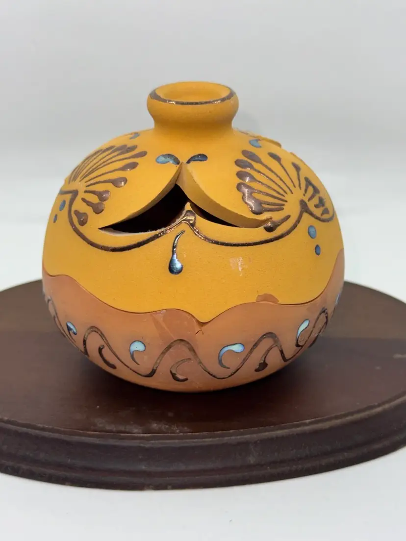 Hand-painted clay luminary with cut-out floral design and metallic paint, 4”x 4”, Small Chip on Edge Of Top Piece