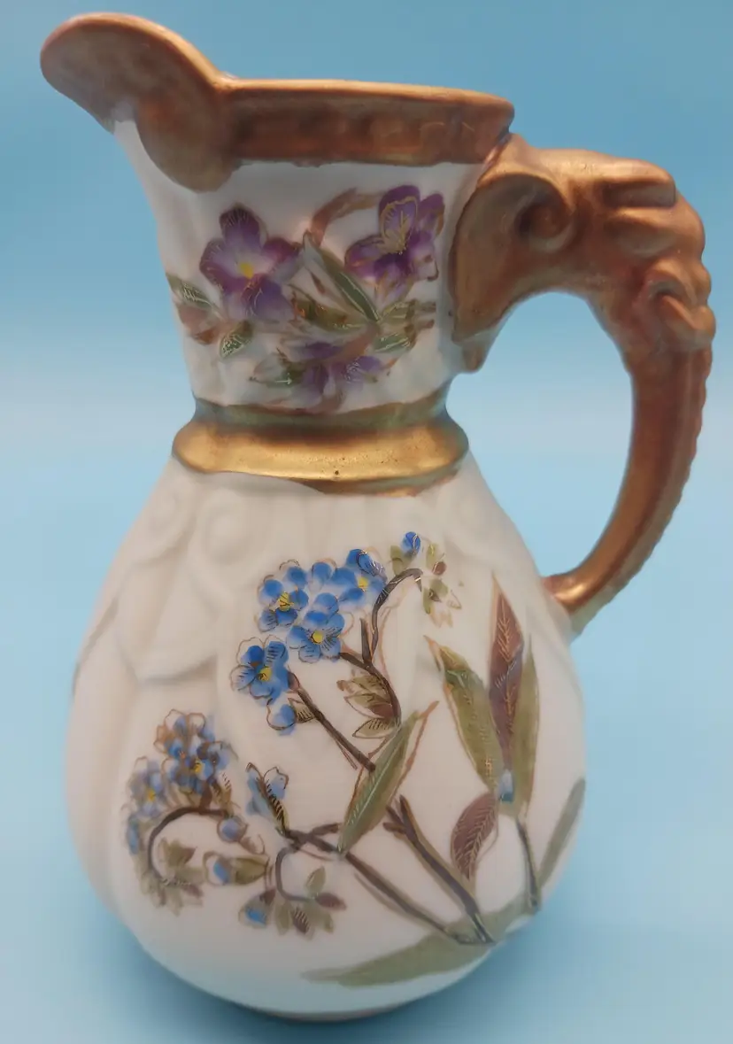 Antique Floral Porcelain Elephant Handle Pitcher, By Royal Worcester.