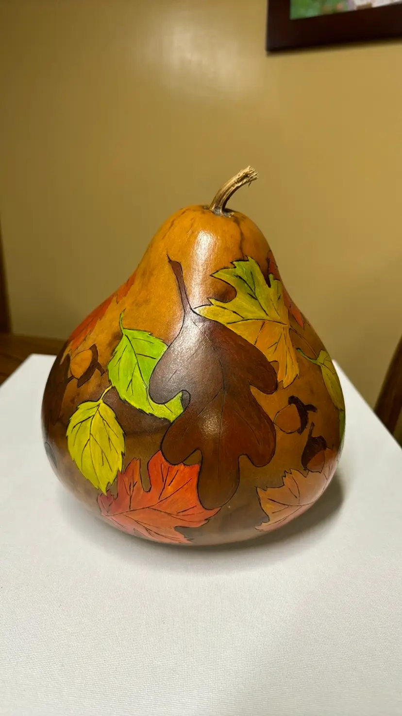 Hand Painted Gourd “Autumn Leaves” with leaves and acorns Artist Signed 2012