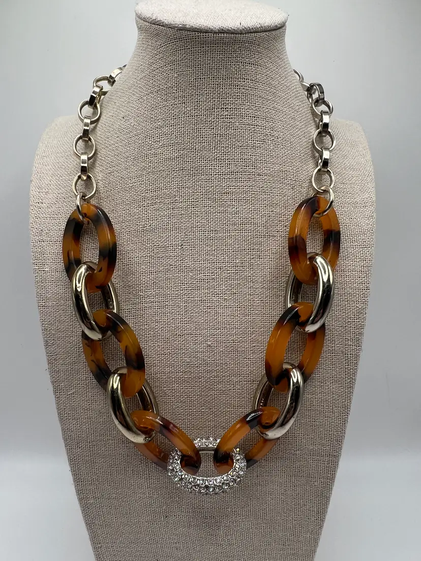 Ann Taylor Tortoise Link Necklace Gold Tone Acrylic Chain Statement Adjustable