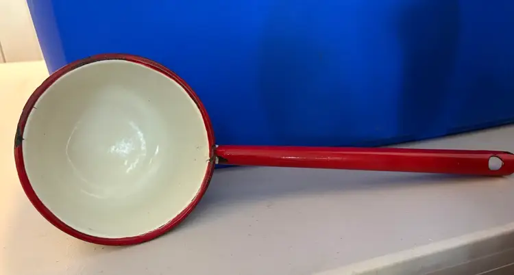 Mid Century Enamelware Red & White Farmhouse Dipper/ Ladle Long Handle 14 1/2”
