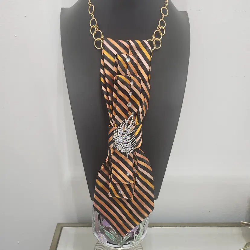 UPCYCLED Striped Elegance Statement Necklace with Brooch