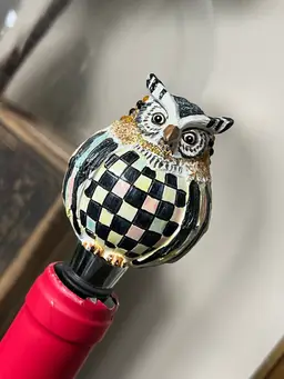 #B1- Amazing Mckenzie Childs Hoot Owl Wine Bottle Stopper Courtly Check Pattern approximately 5 inches tall