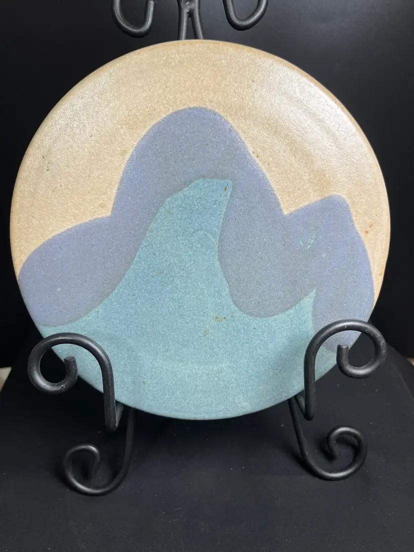 Hand Made Pottery by Bonnie from Mandan, ND-Trivet w/ Greens & Blues Abstract Design-Lot 48