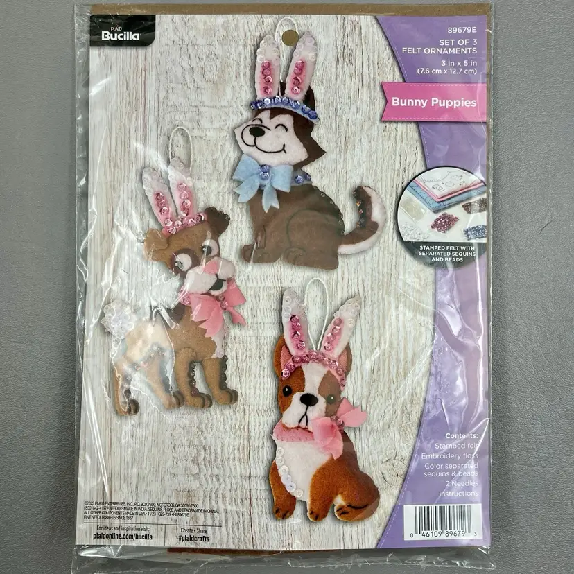 Bucilla Felt Ornaments Applique Kit Set Of 3 Bunny Puppies 89679E NEW SEALED Dogs