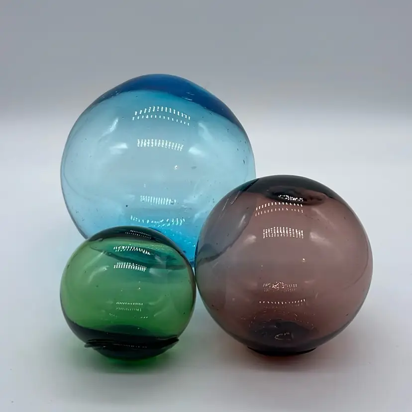 Glass Fishing Floats Art Glass Orbs Blue Cranberry Green 3.75”