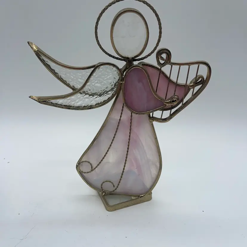 Stained Glass Pink Angel Playing Harp Votive Holder