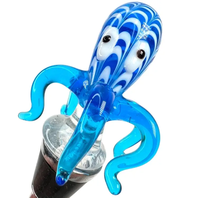 Ocean Blue & White Glass 5-Armed Octopus Squid 🐙 Wine Stopper. Fun Way To Liven Up A Bottle. 4-1/2” Length.