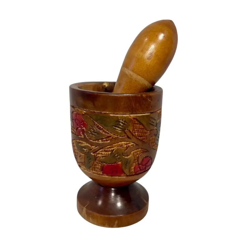 Carved Solid Wood Mortar and Pestle Footed Vtg. | 5.25” *(read)