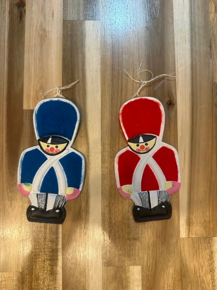 Set Of 6 Vinyl And Felt Christmas Ornaments Angels Toy Soldiers Drums