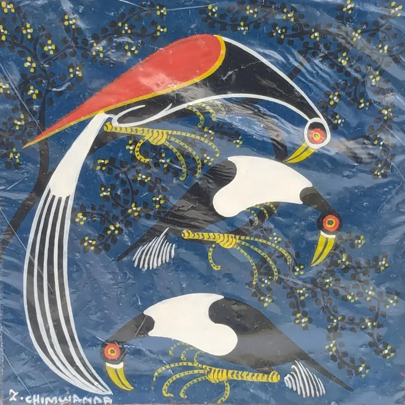 Three Birds by Z. CHIMWANDA African Tingtinga painting on Masonite board