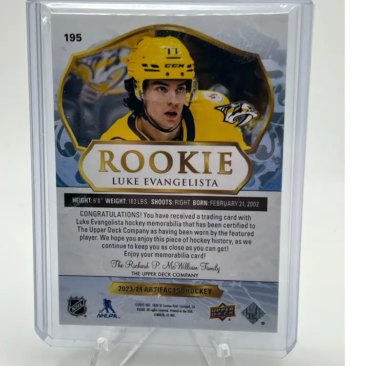 Luke Evangelista 2023-2024 Upper Deck Artifacts Horizontal Material Purple Rookie 5/6 Nashville Predators