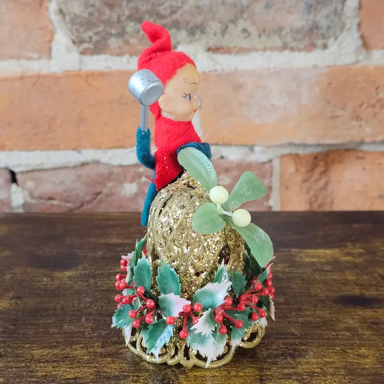 Vintage Christmas Japan Pixie Elf Figurine Bell Knee Hugger Style Glitter Holly Mistletoe Bell Ornament