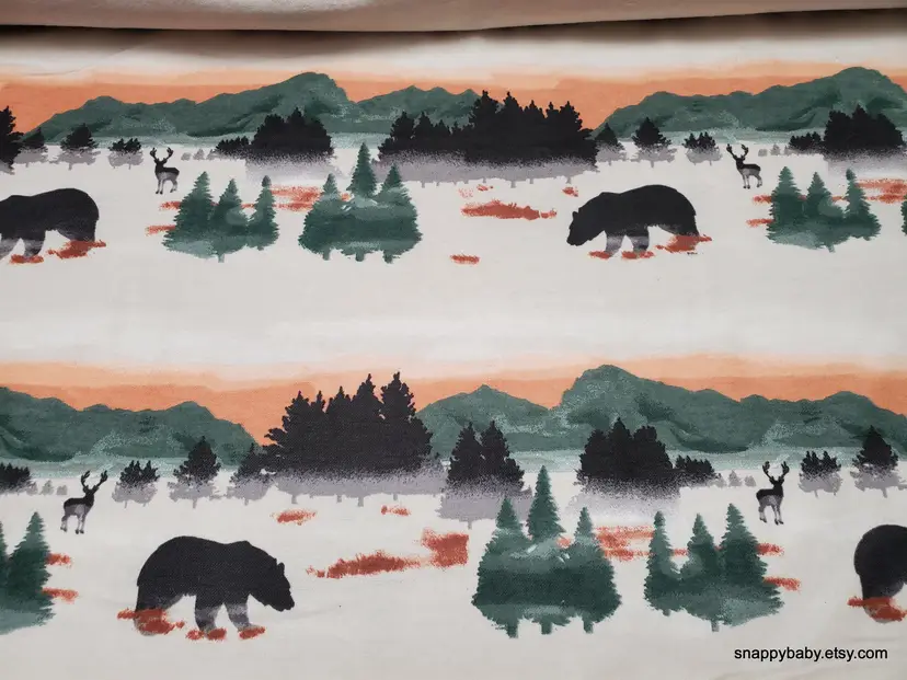 Wilderness Landscape with Bears on Beige Flannel Fabric Remnant - 100% Cotton - Choose Size - Soft Craft & Quilting Fabric