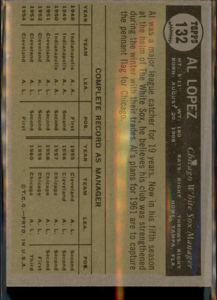 1961 Topps #132 Al Lopez - ( ) - Chicago White Sox