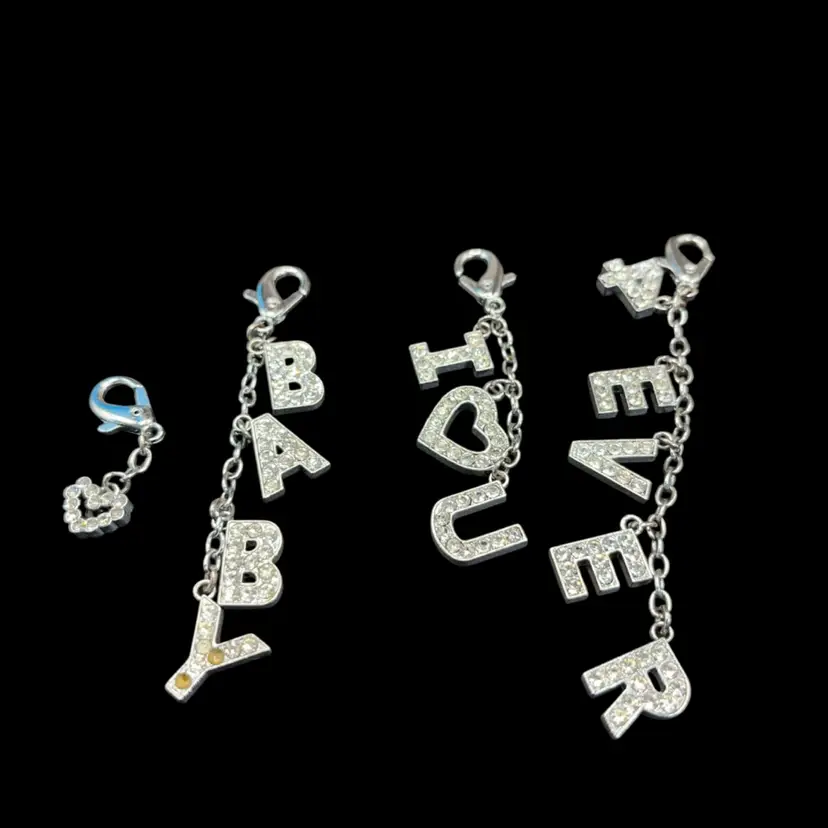 Four Purse Charms, Love Themed, Silvertone, And Rhinestones