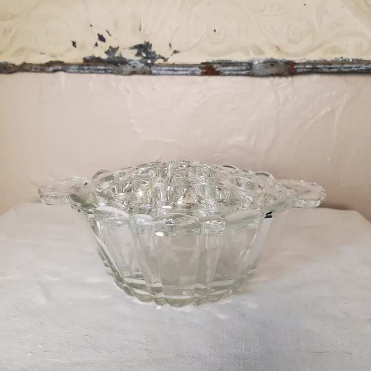 Ribbed Glass Bowl with Handles and Flower Frog Insert