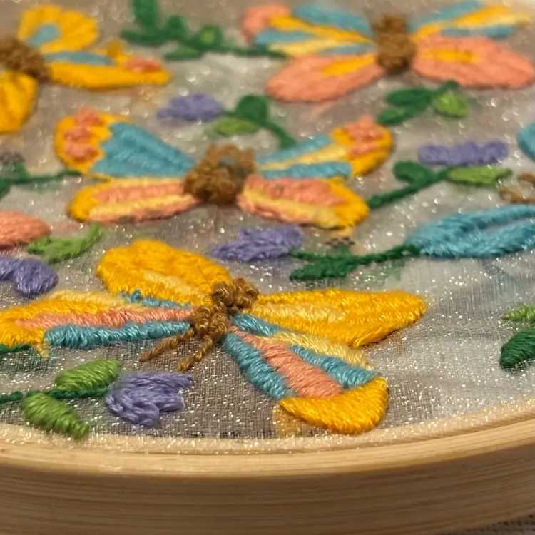 Hand Embroidered Raised Butterflies Wood Hoop 6”