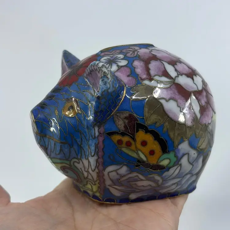 Cloisonné Vintage Floral Piggy Bank No Stopper 3.25H 4L