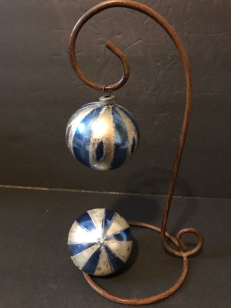 Pair of vintage  2½ in. Stripped Painted Glass CHRISTMAS TREE ORNAMENTS