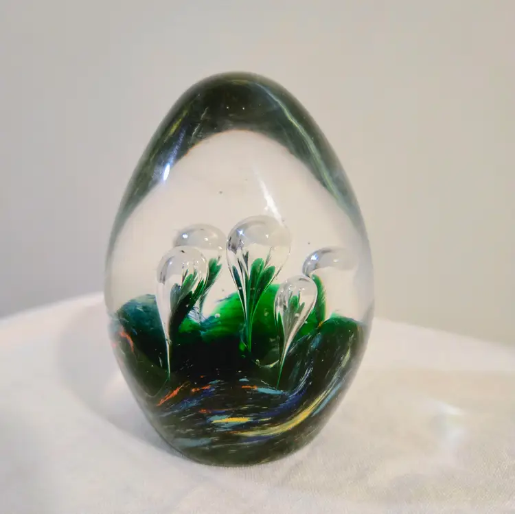 Paperweight Glass Egg Shaped Multi Colored Controlled Bubbles