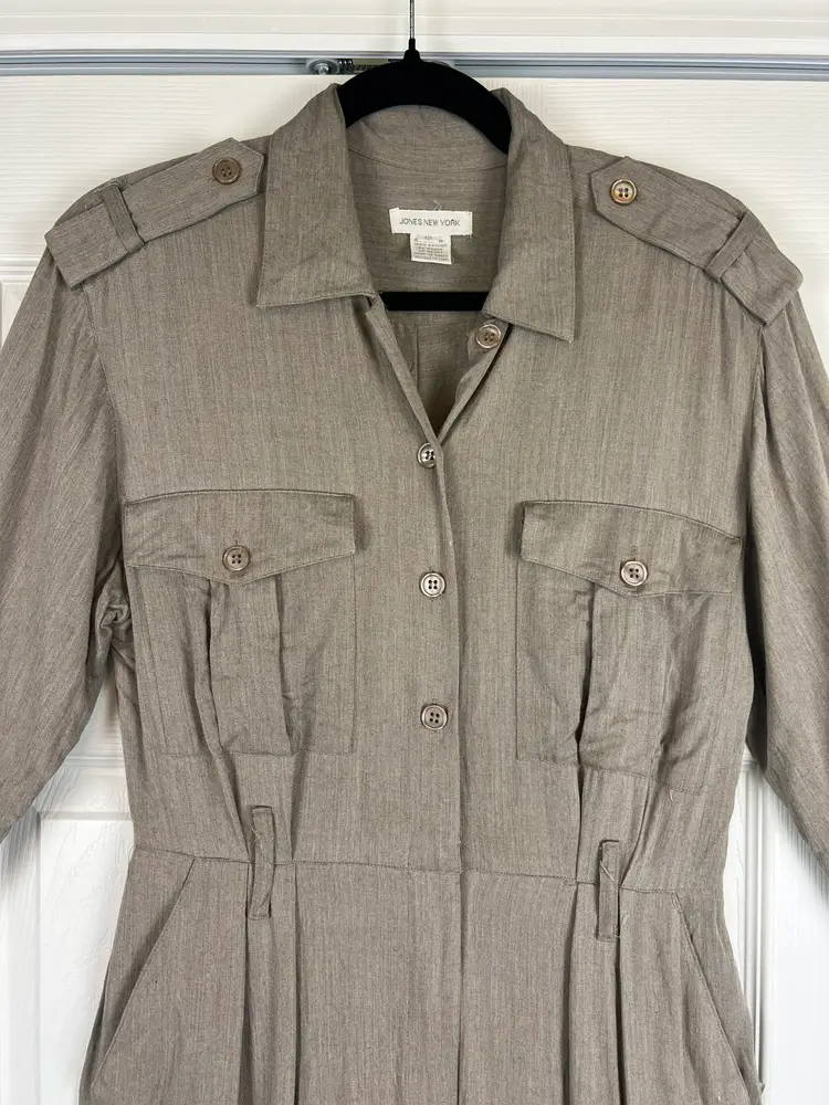 Vintage 90s Jones New York Safari Shirt Dress Rayon Utility Pockets Tan Small 8