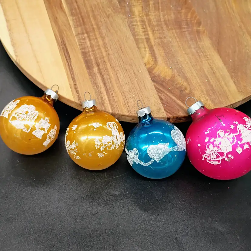 Set of 4 Vintage Mercury Glass Stencil Ornament 2-3" USA Gold Blue Pink