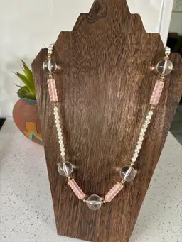 Lovely Vintage Plastic Pink And Clear Beads With Faux Pearls And Gold Toned Accents 22” Long
