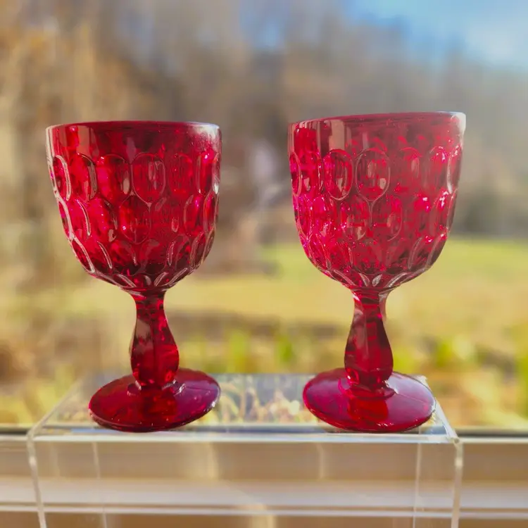 Fenton Ruby Thumbprint Water Glass Set of 2 Red Goblets Retired - USA Made