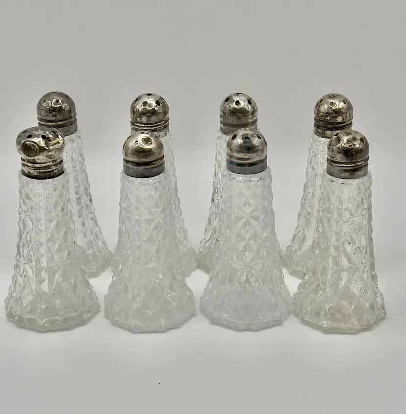 Vintage 1900-1919’s Hand Blown Glass Salt & Pepper Shakers with Sterling Lids, Set of 8, By American Brilliance, Made In Baltimore, Maryland, Set #2