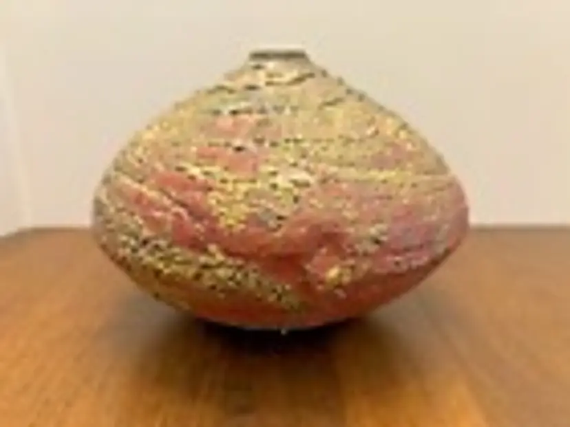 Raku Art Pottery Textured Vase Pot Artist Signed 4.5 Inch Tall 6 Inch Across Vtg