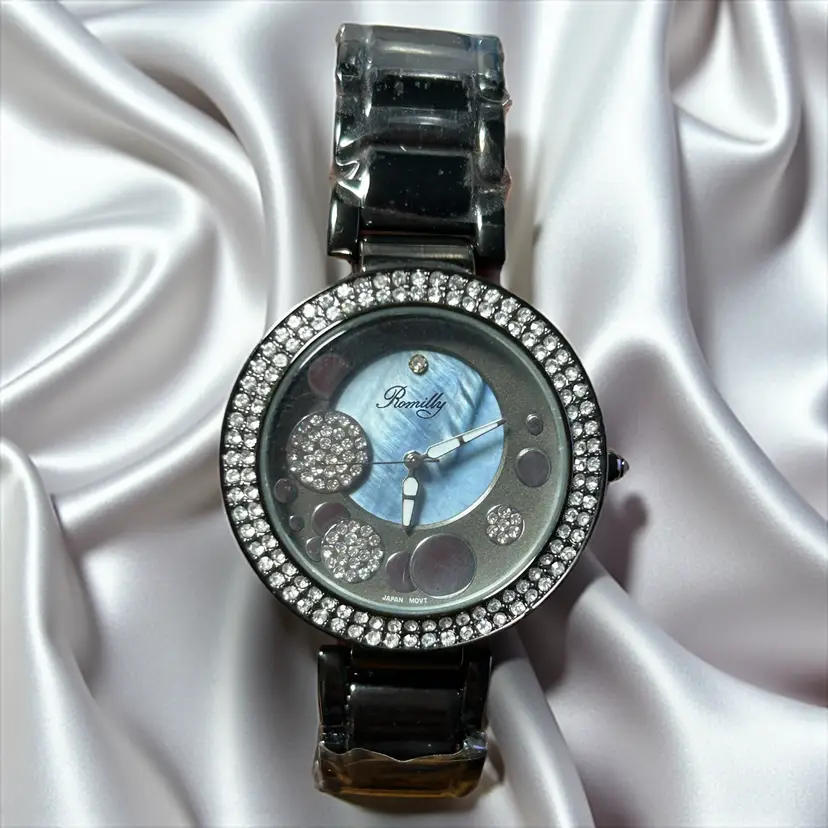 Romilly Women's Watch Black Band Pearl Blue Gray With Diamond Accents Japan Movement