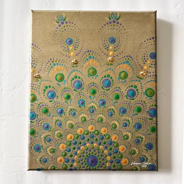 Dot Mandala Acrylic Painting Peacock Colors Gold Blue Green Purple