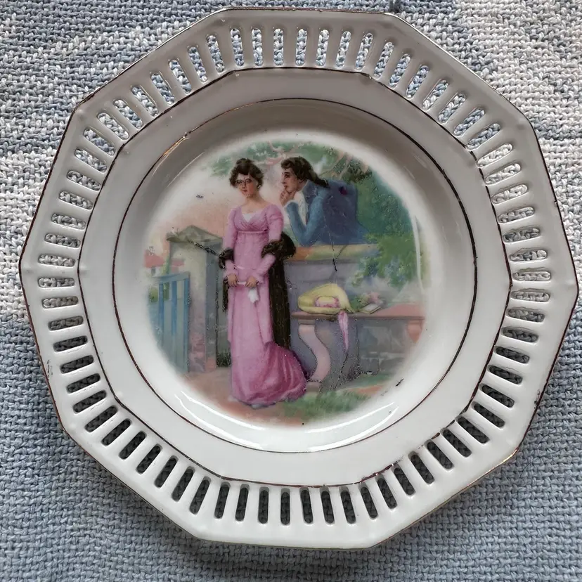 Vintage SCHUMANN BAVARIA Reticulated Pierced Portrait Porcelain Plate Couple Man Lady