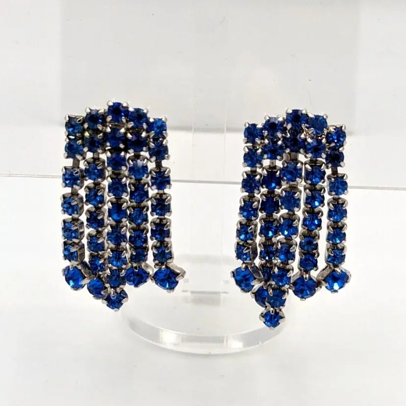 Blue Rhinestone Clip On Earrings Fringe Dangle Rhodium Plated Marked Pat 1967965