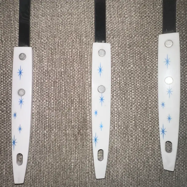 Vintage Ecko Atomic Starburst White Blue Stainless Utensil Set Of 3 MCM USA