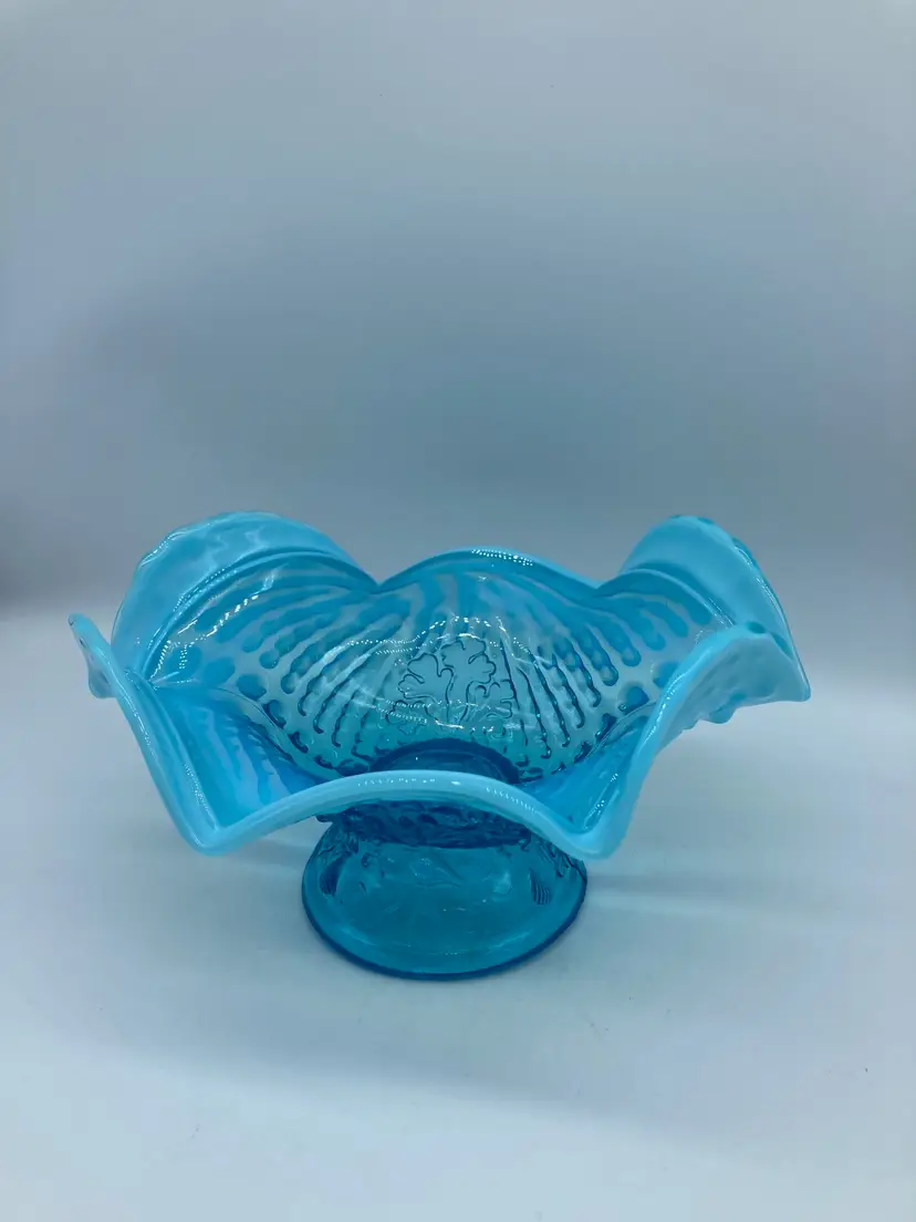 Antique Northwood Argonaut Shell Nautilus Blue Opalescent Ruffled Bowl