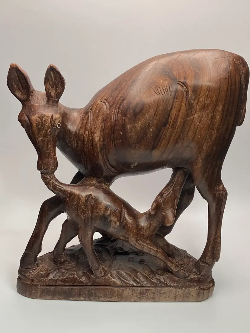 Vintage 8" Deer w/ Nursing Fawn Wood Statue