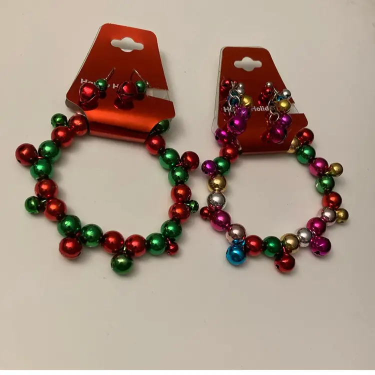 Set Of 2 Happy Holidays stretch XMAS Multicolor Shiny Bright Beaded Bells Bracelet with Matching Earrings