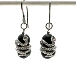 Black Glass Snake Spinner Earrings Silver Tone Stainless Hook 1.75”