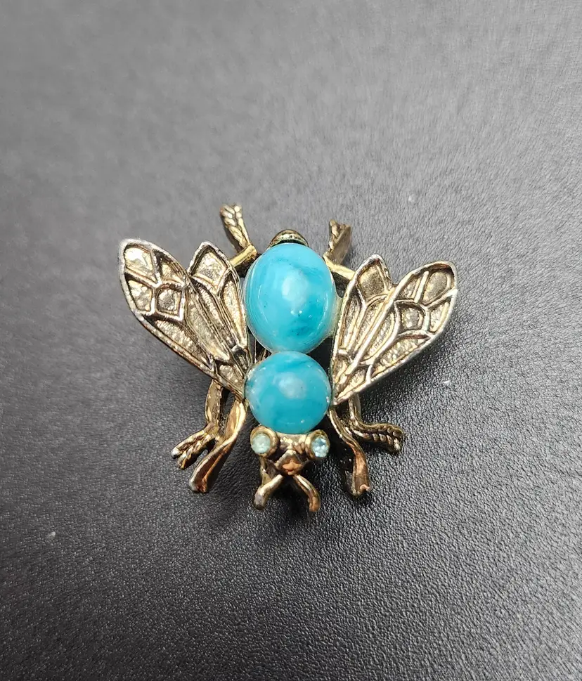 Rhinestone Fly Brooch with Faux Turquoise Accents