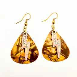 Guitar Pick Earrings Handmade Gold Tone Pink Accent Lightning Bolt