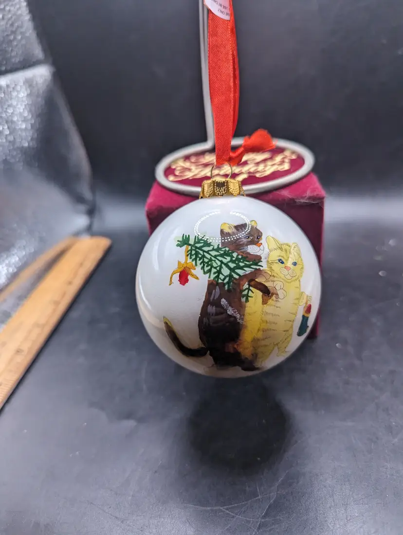 Vintage Christmas Ornament Blown Glass Inside Painted  Decorated Cats With Tree 3".